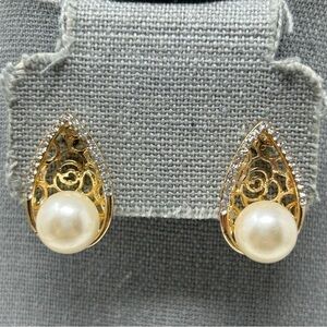 Gold Tone Swirl Faux Pearl Drop Stud Earrings with Rhinestones